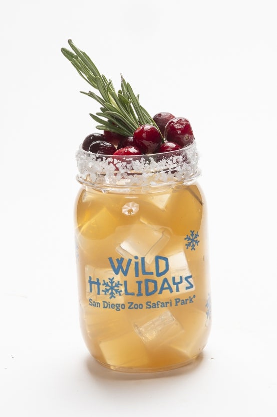 Ginger cranberry sour cocktail in mason jar with festive garnishes.